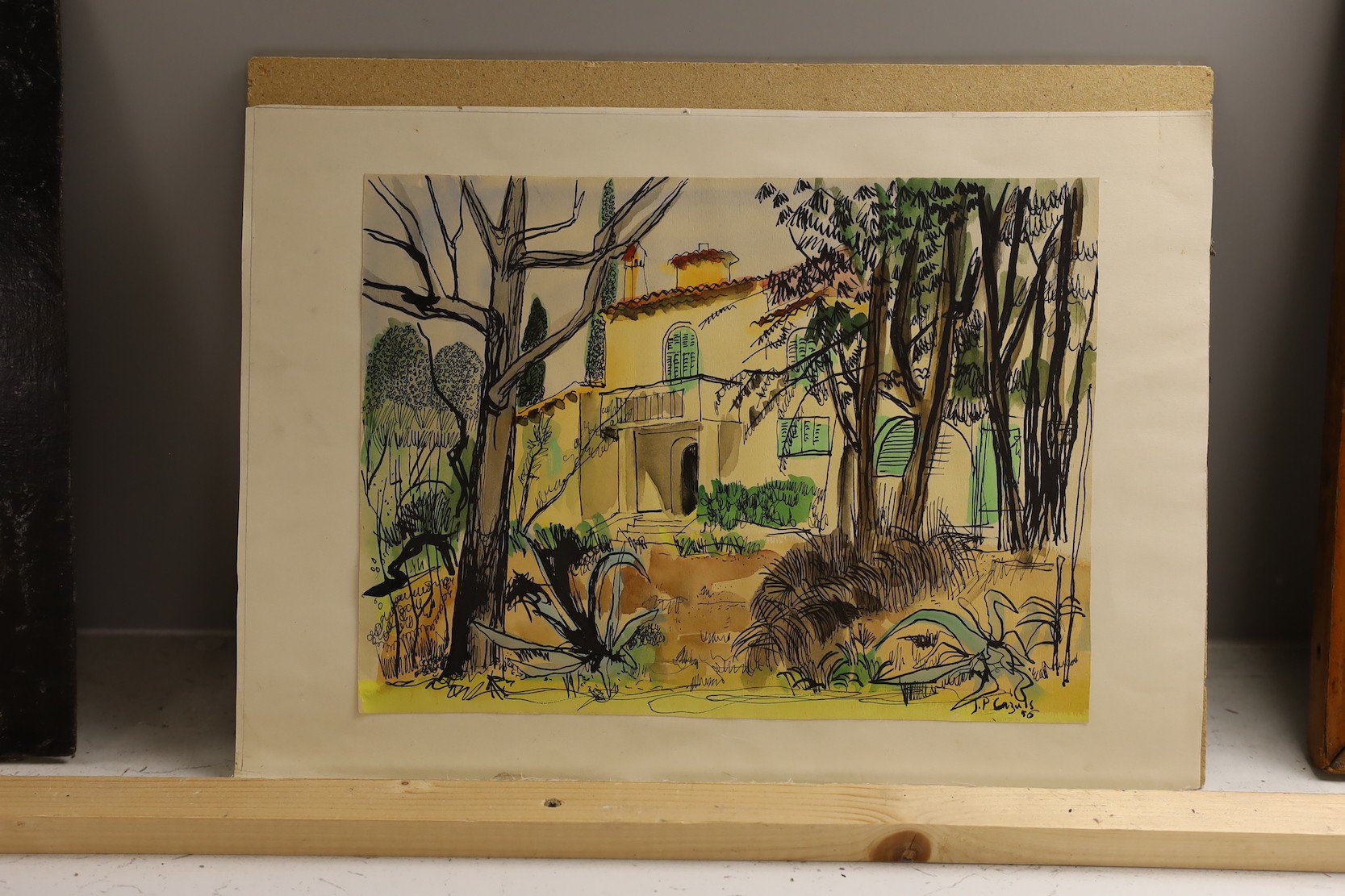 J.P. Cazals, ink and watercolour, Mediterranean villa, signed and dated '56, 22 x 30cm, unframed